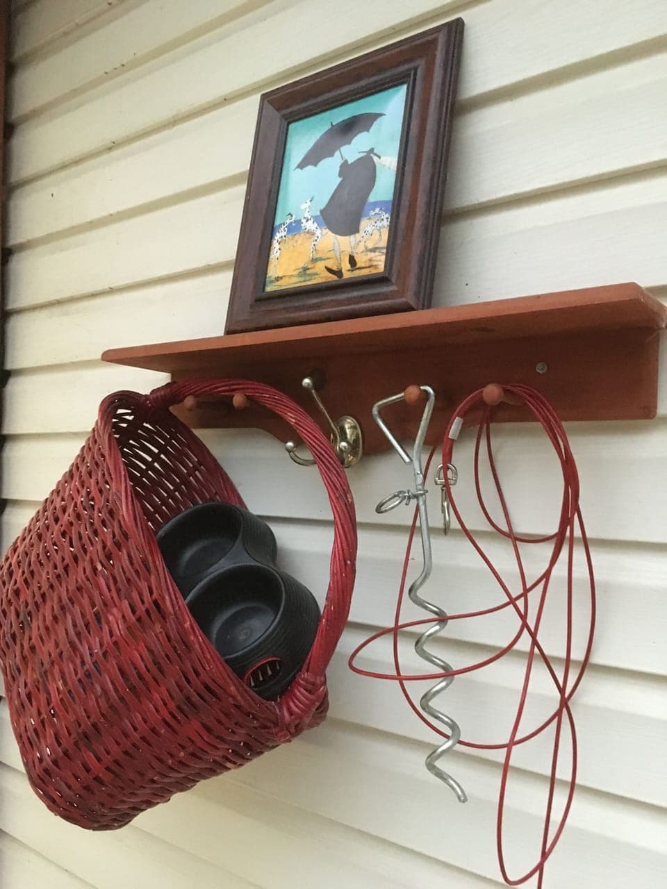 Doggie basket - bowls, tether, old towels for drying wet paws, and poo pouches.