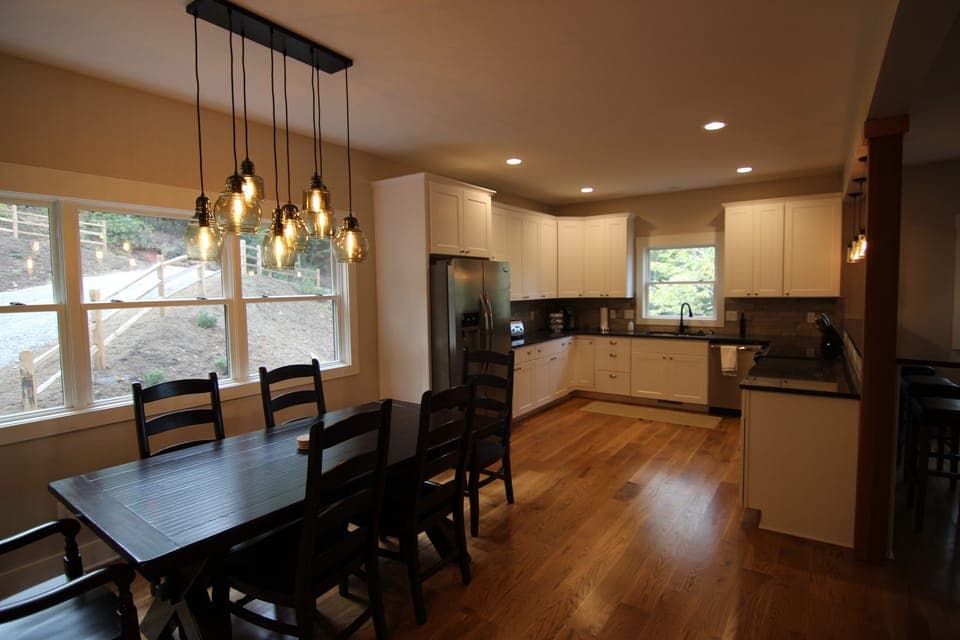 What you see when you enter-the dining and kitchen.