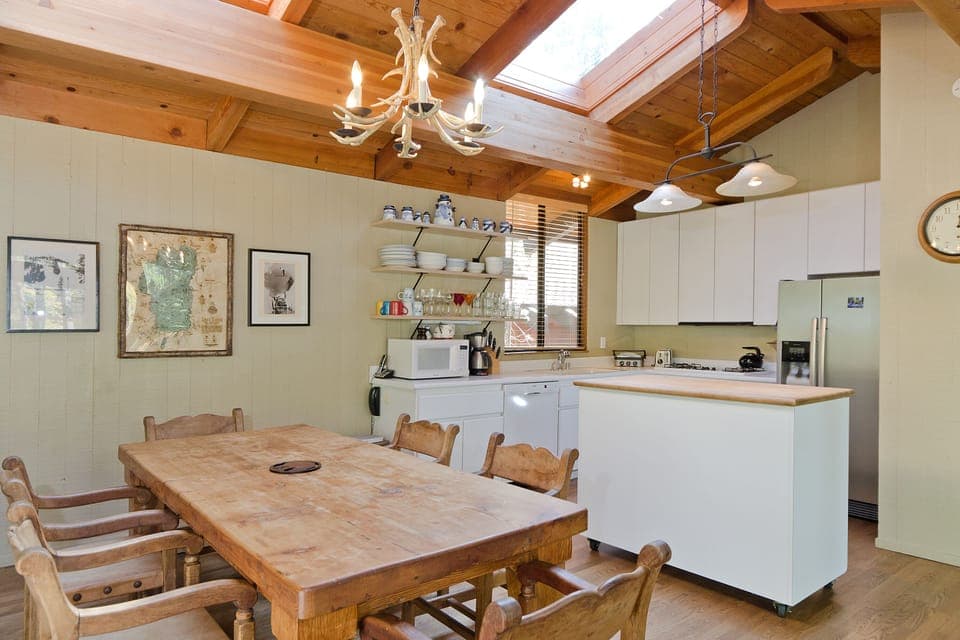 Fully equipped kitchen.  Chandeliers on dimmers.