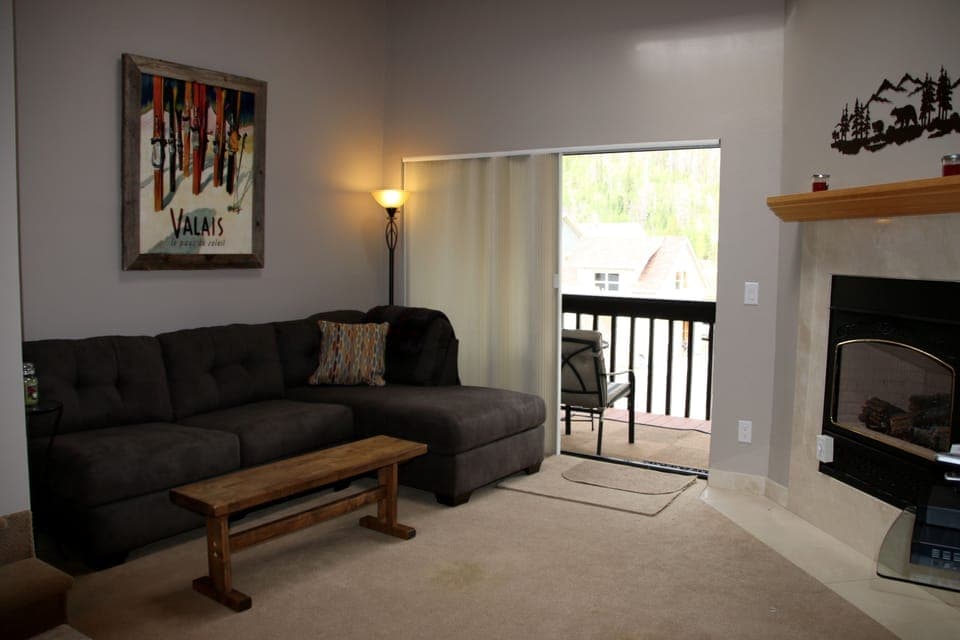 Spacious Living room opens to patio with high ceilings and sky light.