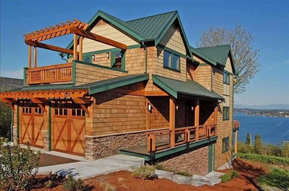 Street side view with Lake Washington in background