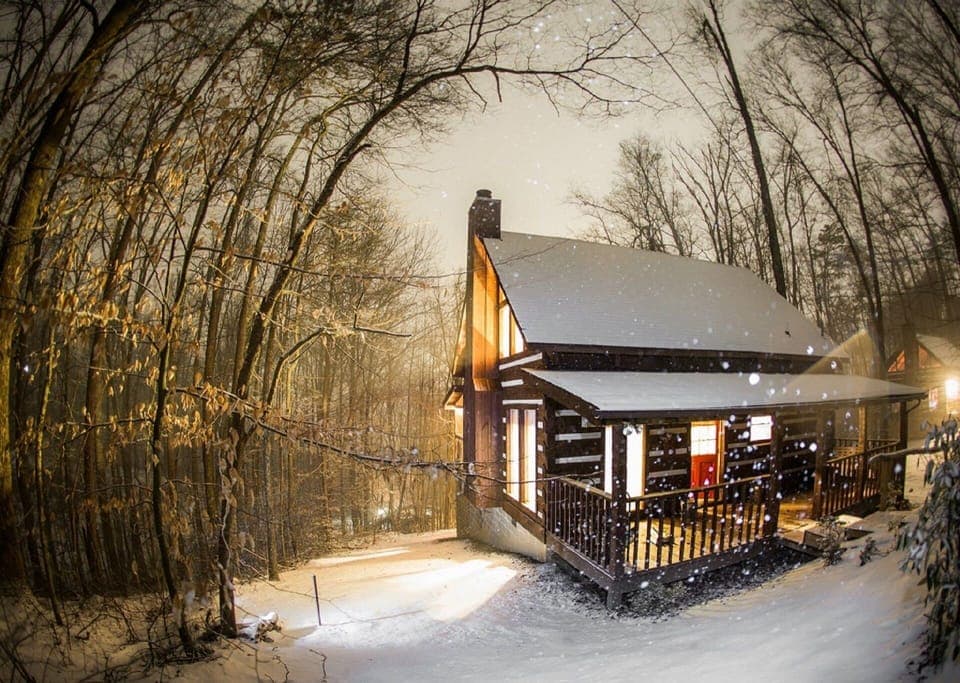 A night picture of our cabin during a 2014 Winter Snow.