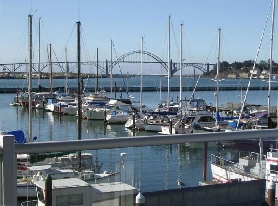 View from deck - marina, Yaquina Bay, sliver of ocean