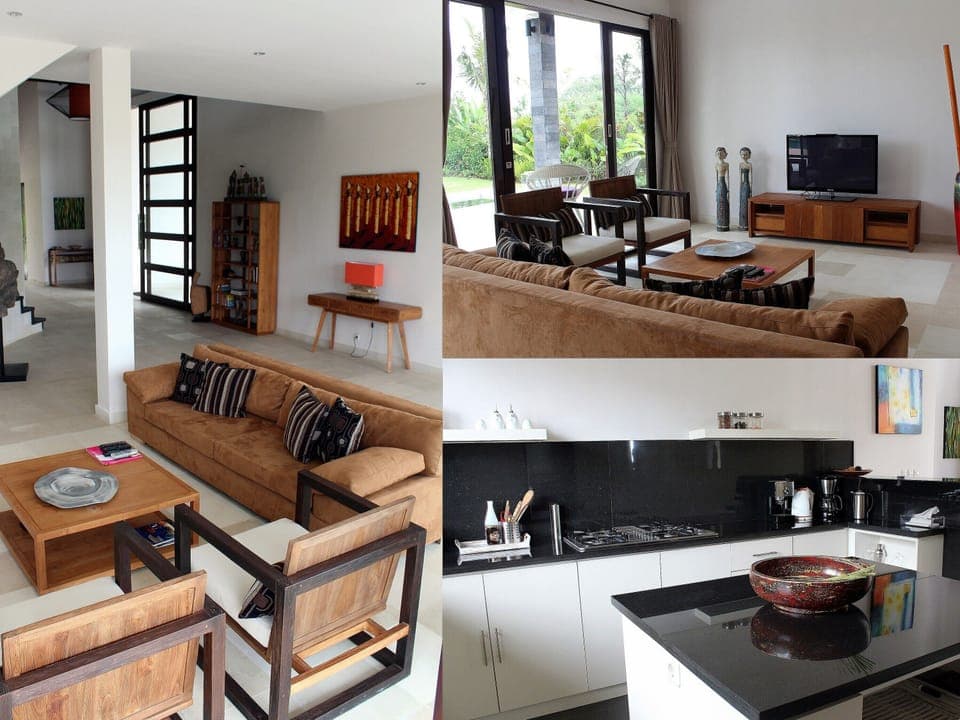 Indoor living area with entertainment systems and Kitchen area