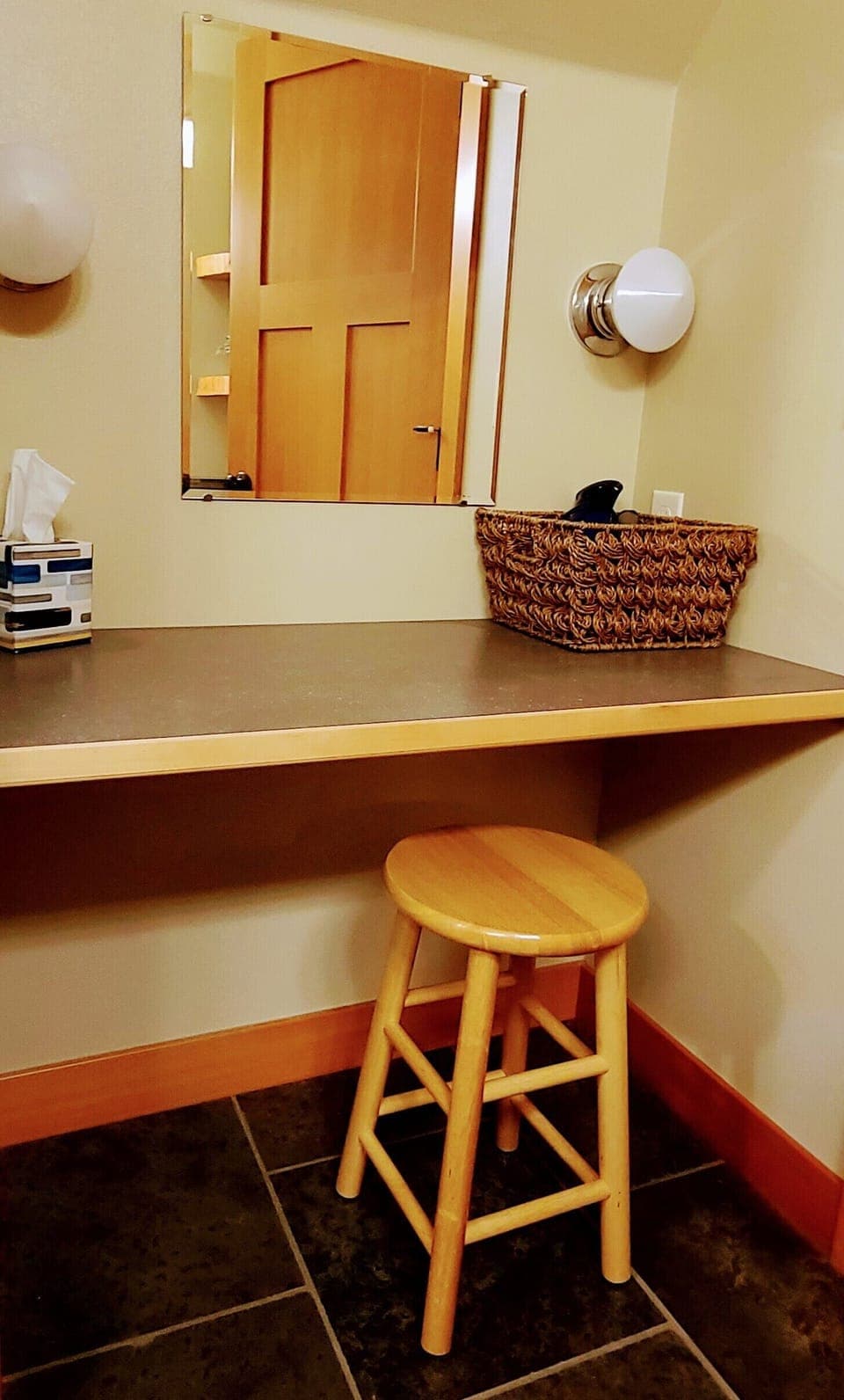 Extra vanity counter behind door in upstairs bathroom