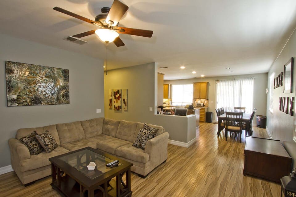 Family room with L shaped comfortable sofa set for relaxing and for 2 individual