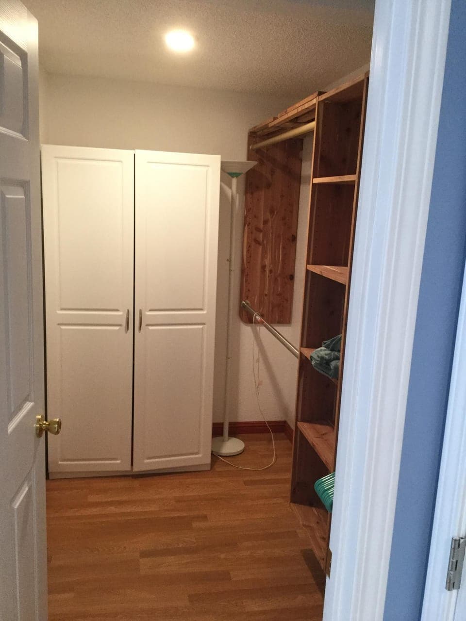 Walk in closet with Cedar shelving & linen cabinet