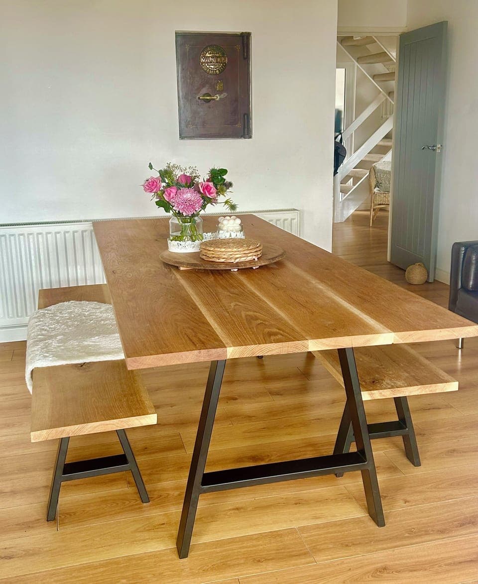 dinning table with two benches and additional chairs if required.