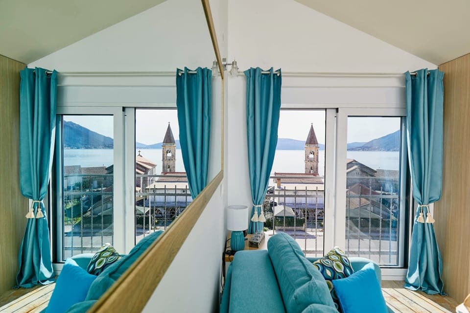 Deluxe Bayview Studio apartment – Panoramic Sea view & parking in Tivat Montenegro, Quiet, Cozy, Comfortable place for your vacation in Montenegro. Tivat. Porto Montenegro. Beach, sea, day tours, excursions, visit, book your trip, rent a car, restaurants, cafes,  great dining