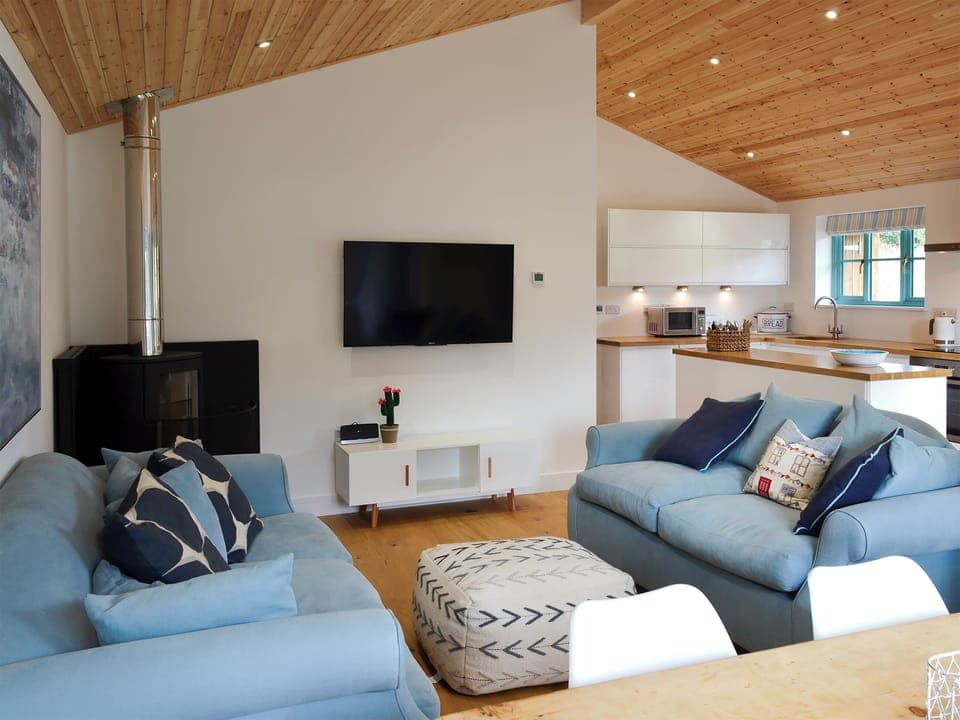 Open plan living space with beams and wooden floor | Eagle Owl Lodge, St Columb Major, near Padstow