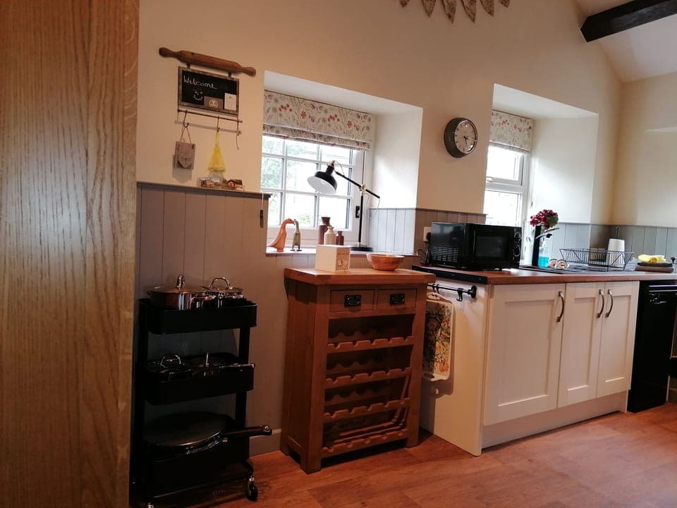 First floor kitchen with views of the village. 