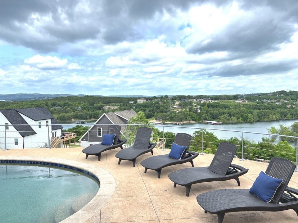 The pool is 8 feet deep at one end and has steps for easy entry and exit. 