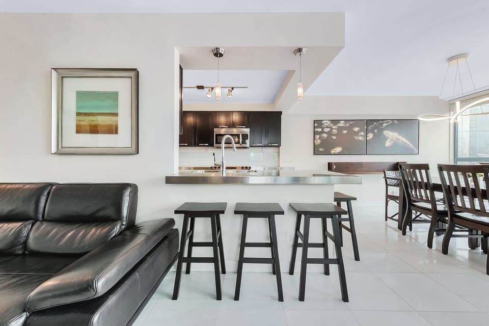 Spacious, open plan layout featuring counter seating