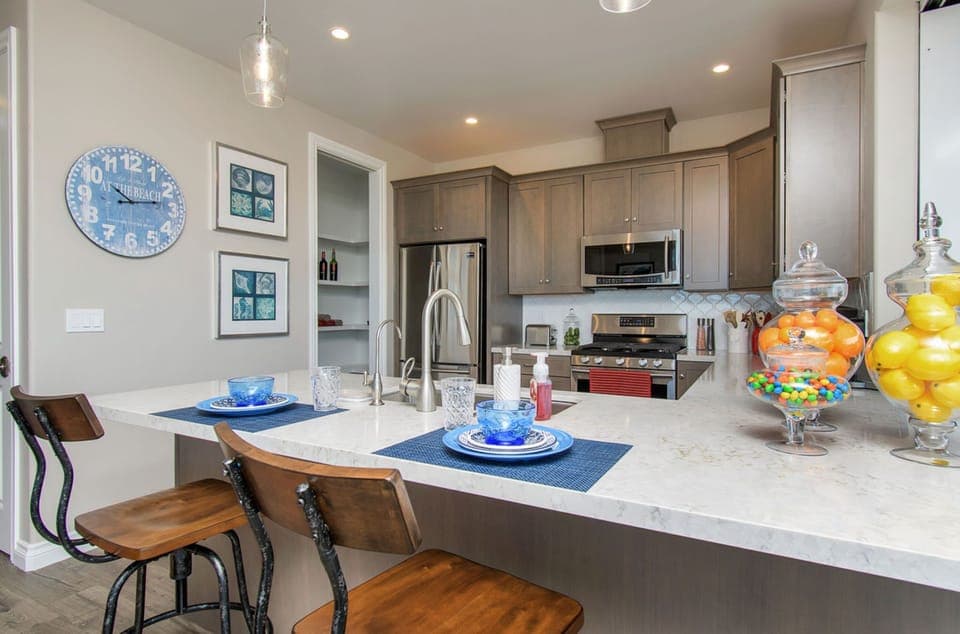 Modern kitchen with brand new appliances. New refrigerator and dishwasher (2023)