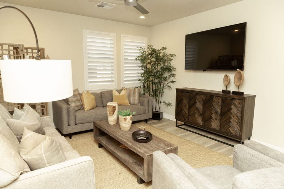 Living room, coffee table and flat screen