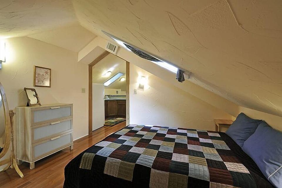 Queen size bed in bedroom with skylight over the bed. See the trees and stars.