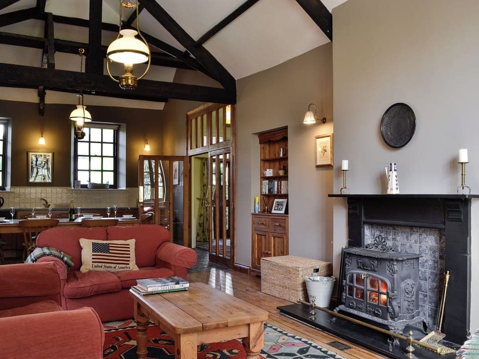 Open plan living space with wood beams | The Old School Penallt, Penallt, near Monmouth