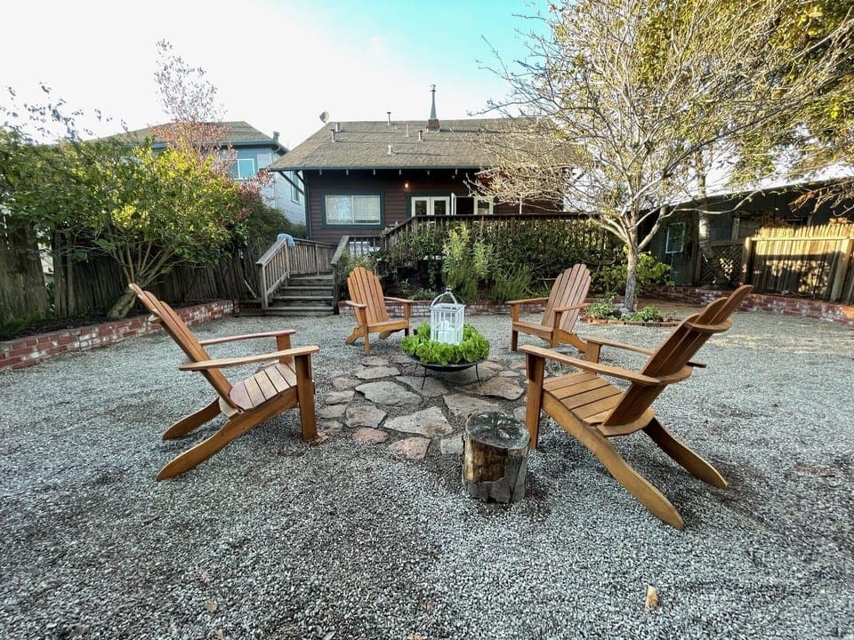 An intimate circle of Adirondacks creates a perfect conversation place.