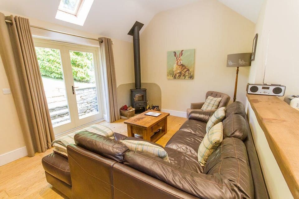 Living area with wood burner and Sky TV