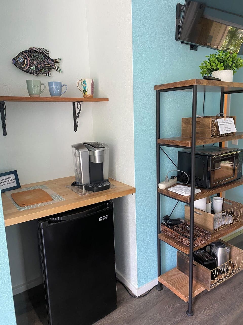 Mini fridge, Keurig coffee maker and essentials