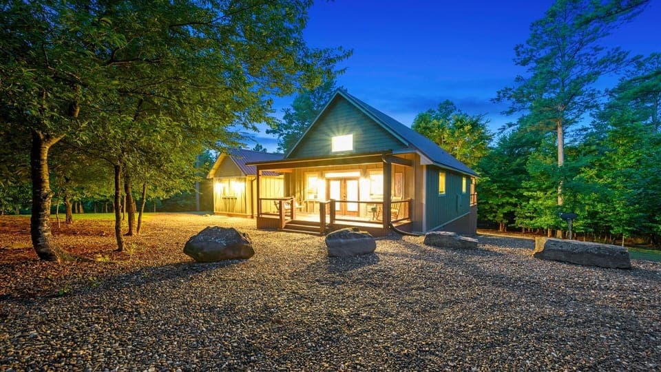 Cabin Front - Full Porch with Swing and French Doors