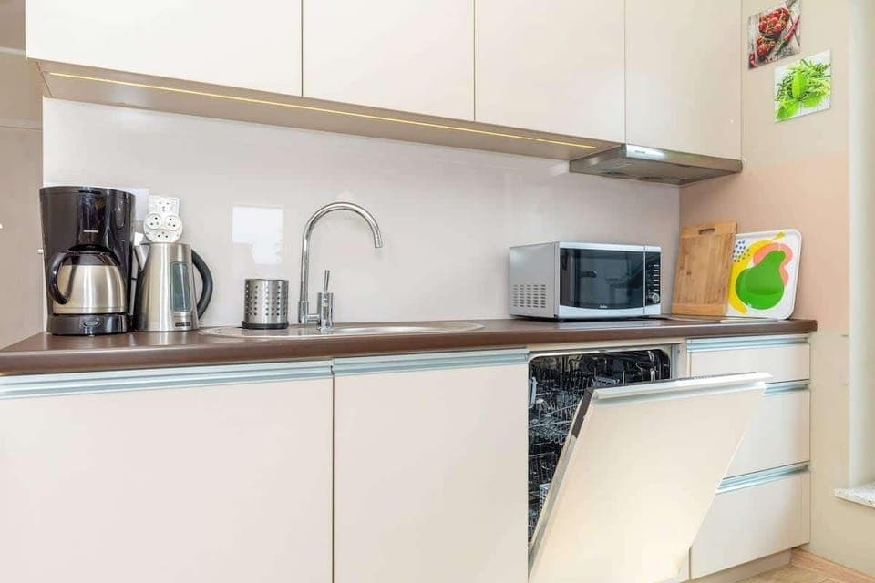 Kitchenette with dishwasher and refrigerator. 