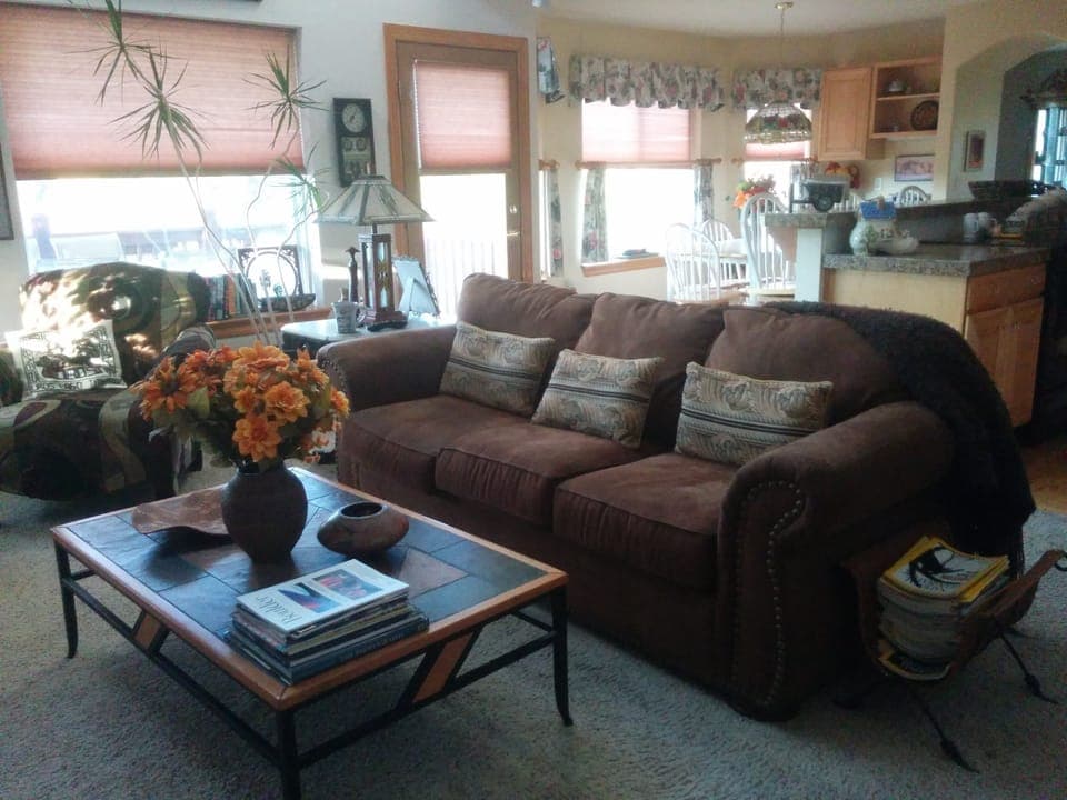 The family room and kitchen