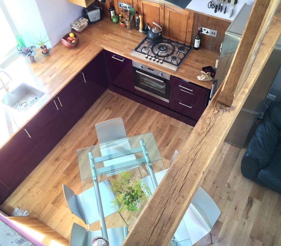 the kitchen and glass dining table from mezzanine