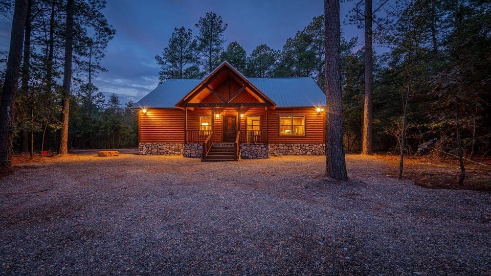 Cabin Front - Circle Drive, Tall Pine Trees