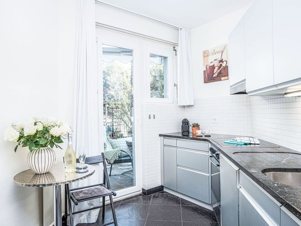 Interior Design, Flooring, Home, Furniture, Kitchen, Lighting, Apartment, Floor, Countertop, Major Appliance