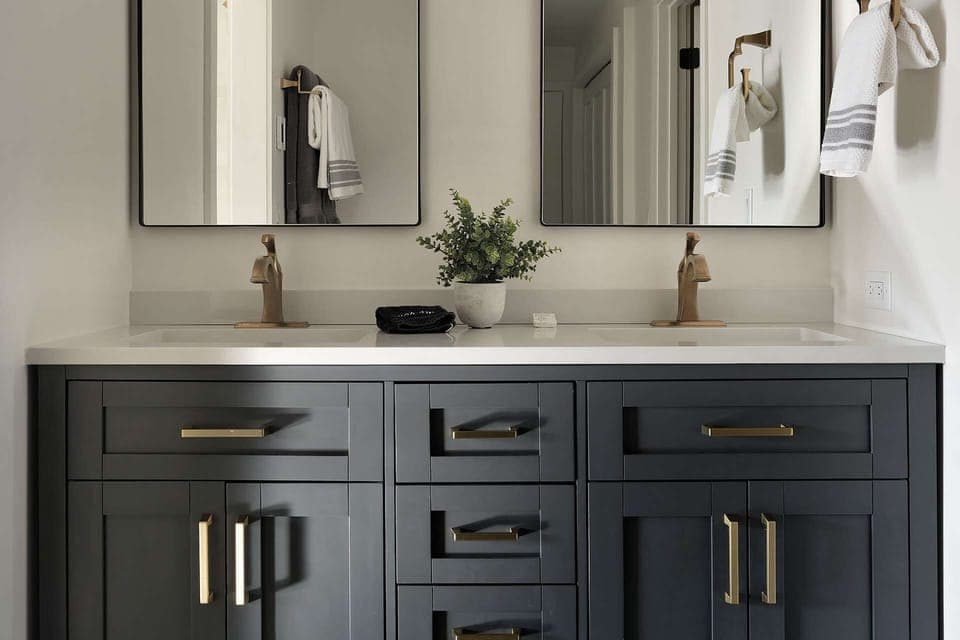 This gorgeous double vanity is located off of the king bedroom and is share with a queen bedroom.