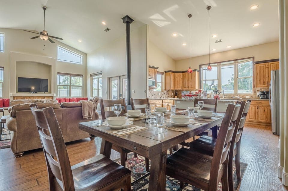 Open to the kitchen and living space for effortless flow