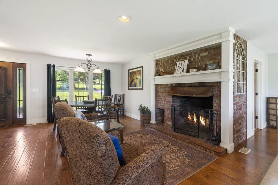 Cozy up by the wood-burning fireplace