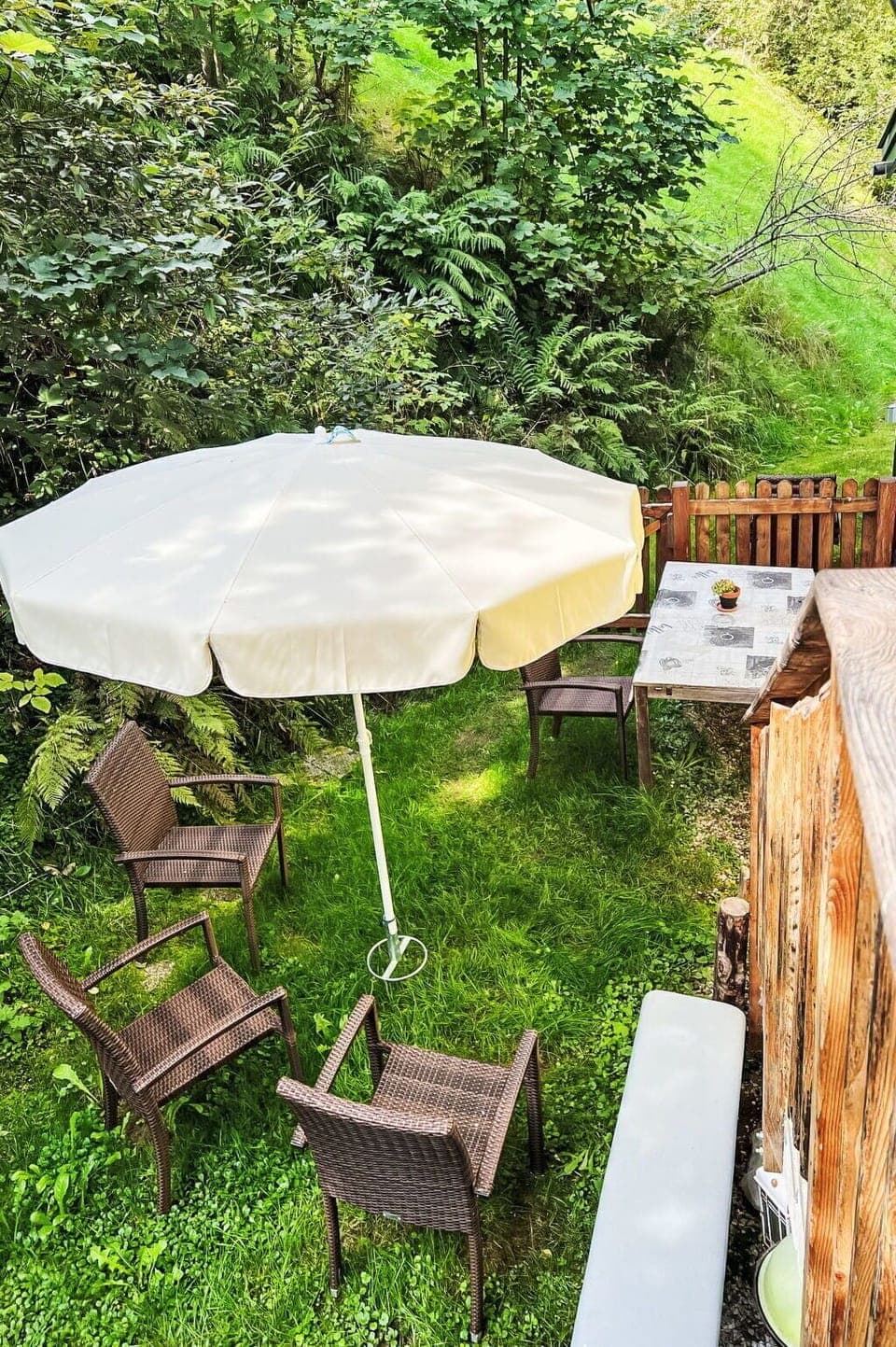 Furniture, Umbrella, Outdoor Furniture, Wood, Table, Chair, Outdoor Table, Garden, Shade, Backyard