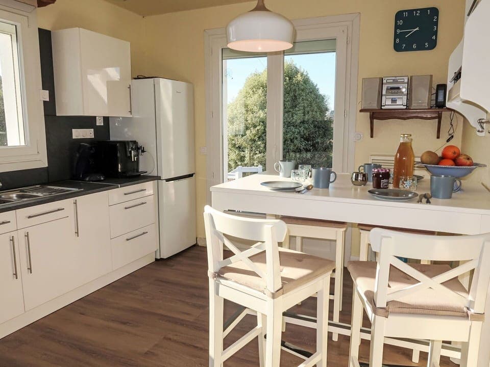 Furniture, Interior Design, Kitchen, Flooring, Kitchen Appliance, Chair, Wood, Countertop, Floor, Cabinetry