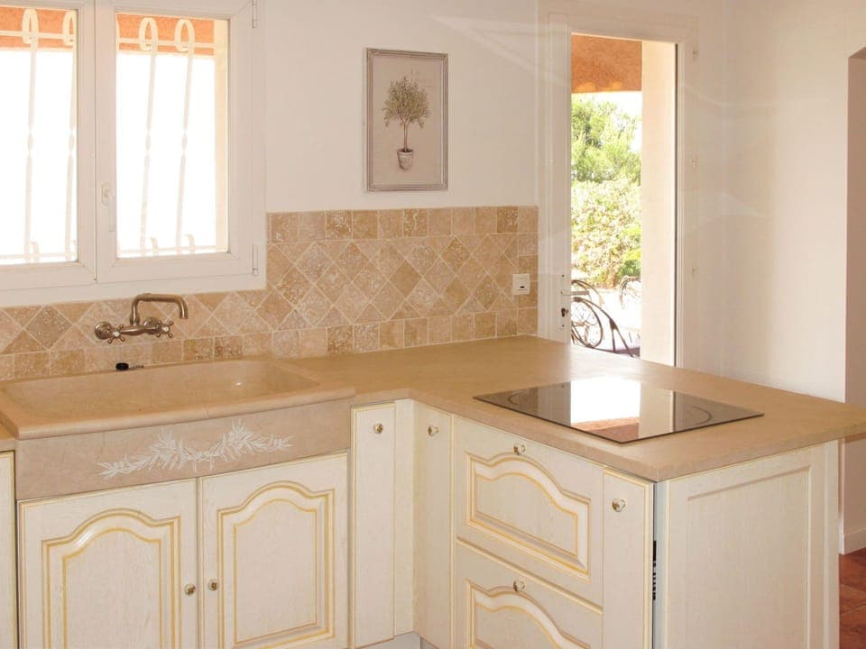 Countertop, Room, Property, Sink, Furniture, Cabinetry, Kitchen, Tile, Floor, Interior Design