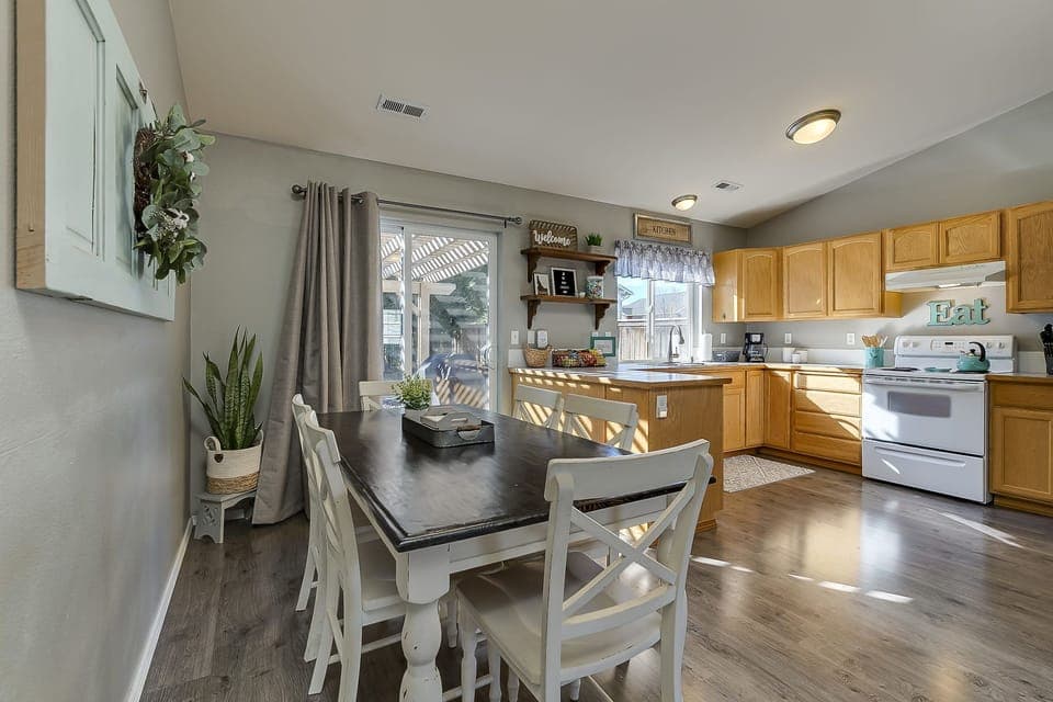 Dining table to seat 6. We also have a high chair and booster seat if needed.