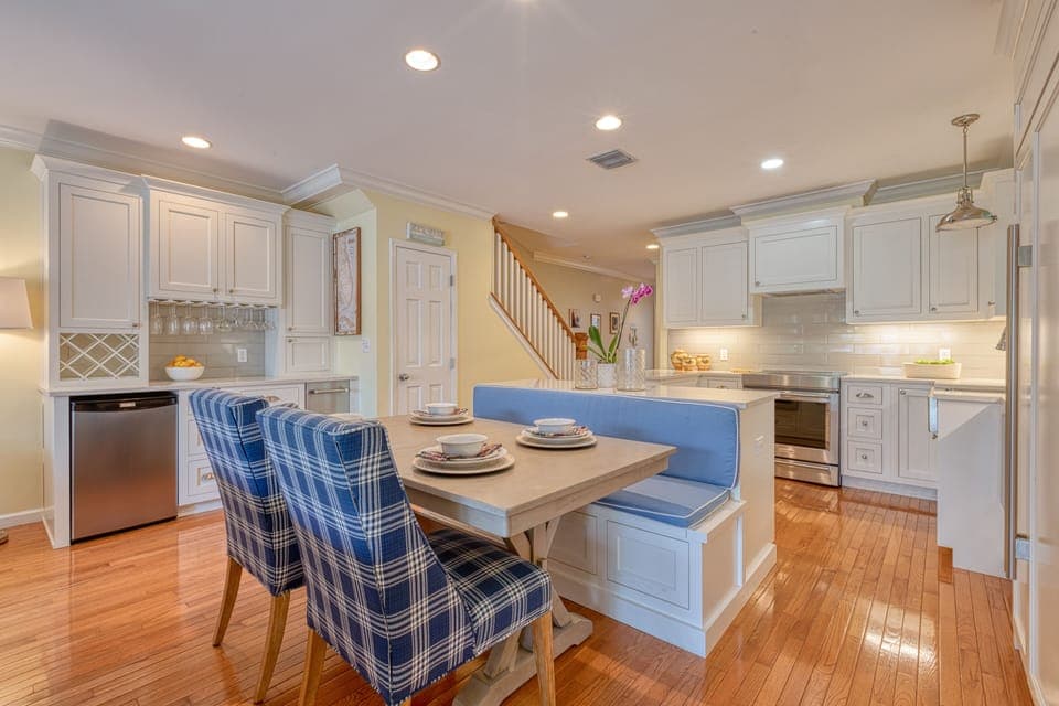 Open kitchen with banquet dining table