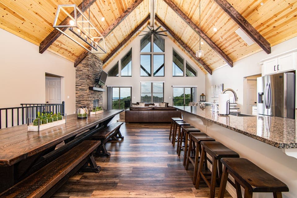 Large great room with gorgeous vaulted ceilings.