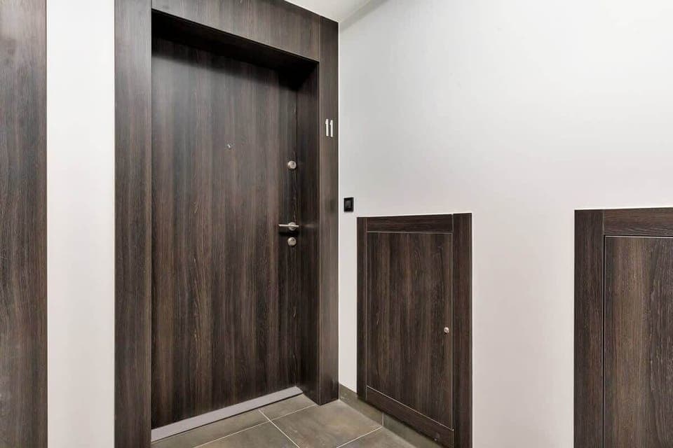 The main entrance to the apartment includes a dark wooden door, complemented by neutral-toned walls and flooring.