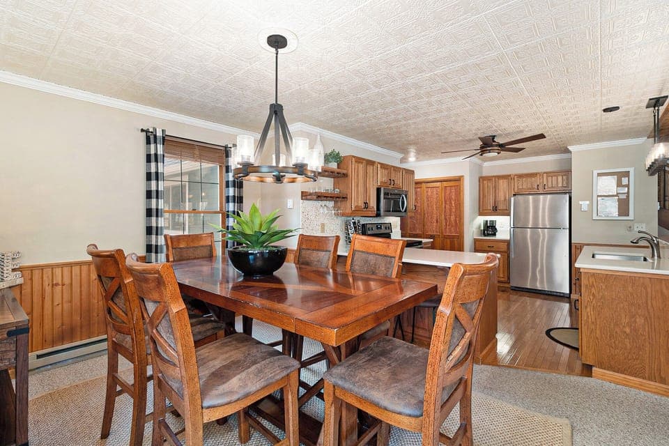 Large dining table seats six comfortably
