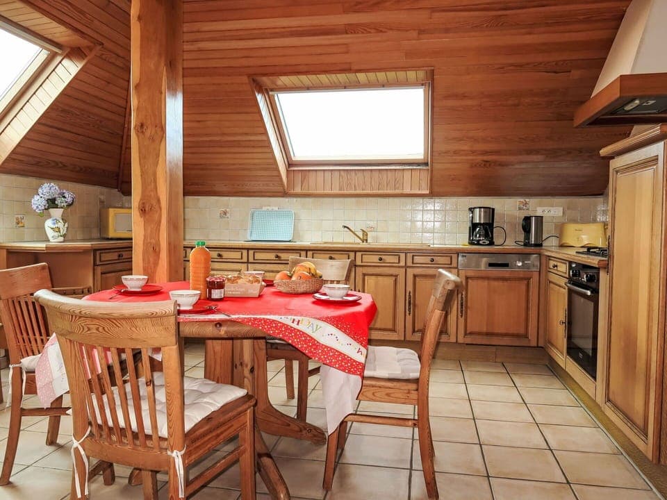 Furniture, Interior Design, Flooring, Wood, Kitchen, Ceiling, Floor, Chair, Room, Cabinetry