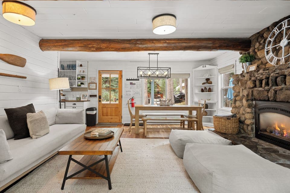 Spacious, open, and bright living, dining, and kitchen area.