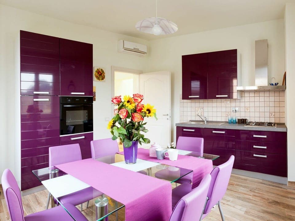 Room, Interior Design, Furniture, Property, Purple, Kitchen, Violet, Pink, Building, Cabinetry