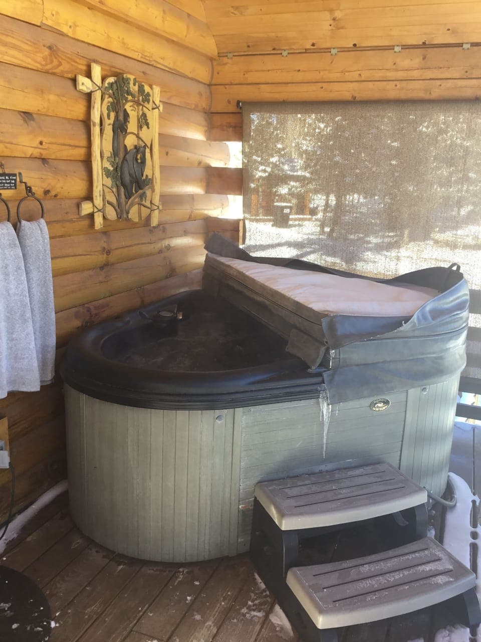 Covered outside dining are with Blackstone Grill, BBQ, and Gas Fireplace .