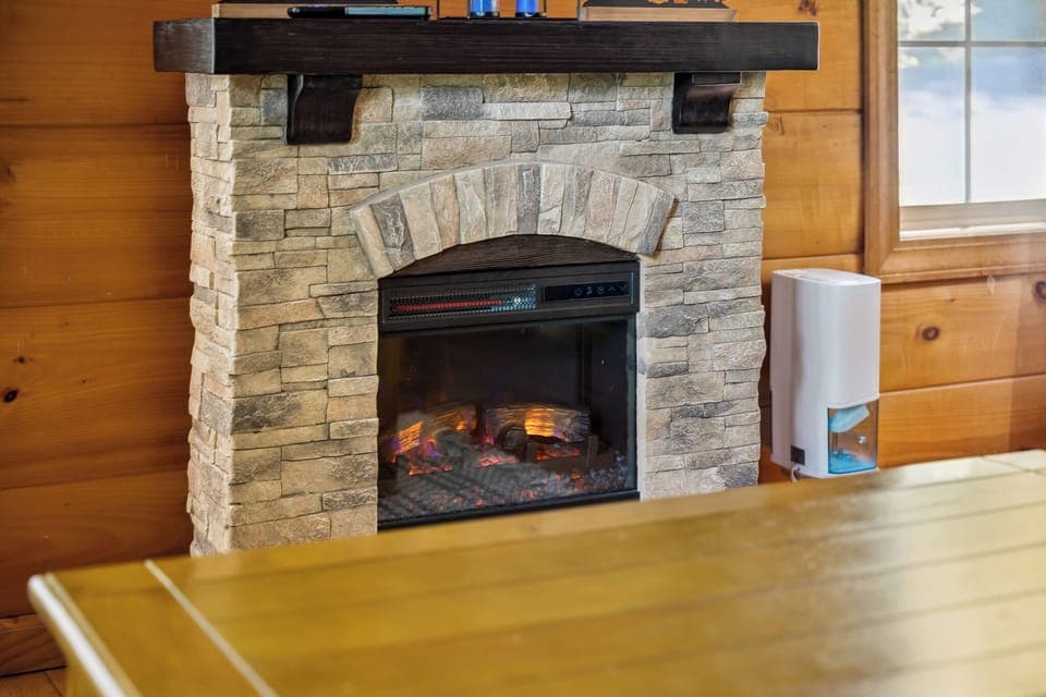 Stone fireplace + strong WiFi = unplug when you want, stream when you don’t.