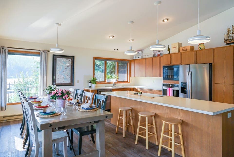 Our kitchen boasts of having a fully stocked kitchen including but not limited to plate settings of 16, toaster, pots and pans, instapot, ice cream maker, griddle, and serving dishes