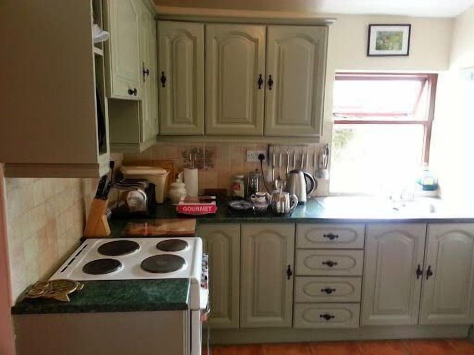 Kitchen area. Kitchen looking out on back street and alod stone sheds.