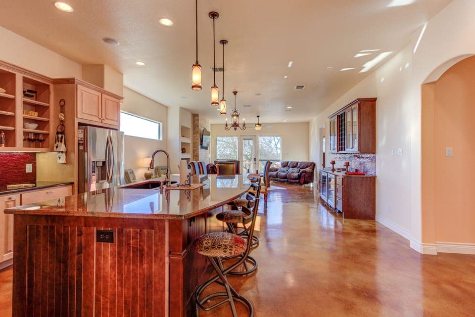 Kitchen, dining and living is an open floor plan on the first floor