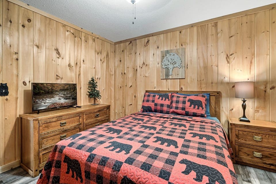 Bedroom #3 is located upstairs and has a queen sized bed and TV.